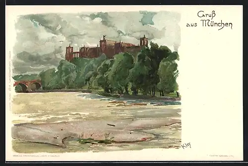Künstler-AK Heinrich Kley: München, Blick von der Isar zum Maximilianeum