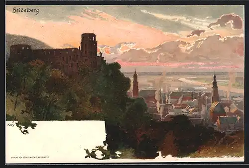 Künstler-AK Heinrich Kley: Heidelberg, Ansicht in der Dämmerung