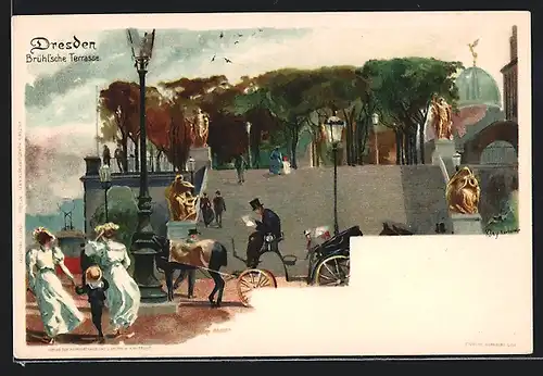 Lithographie Dresden, Brühlsche Terrasse mit Spaziergängern, wartender Kutsche und Strassenbahn