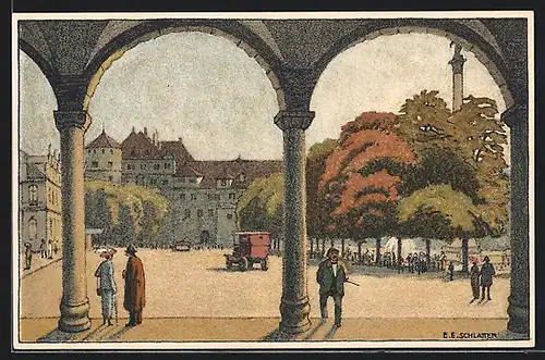 Künstler-AK Ernst E. Schlatter: Stuttgart, Altes Schloss vom Kunstgebäude aus