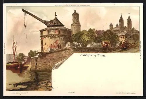 Lithographie Andernach a. Rhn., Ansicht Hafen und Kirche