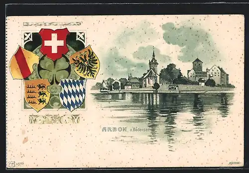 Lithographie Arbon / Bodensee, Teilansicht mit Kirche, verschiedene Wappen