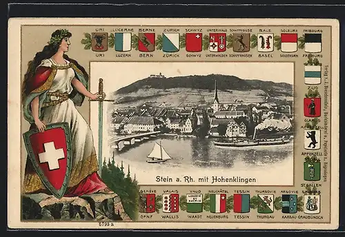 Passepartout-Lithographie Stein a. Rh., Gesamtansicht mit Hohenklingen, Kantonwappen & Helvetia