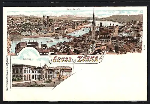 Lithographie Zürich, Generalansicht, Bahnhof