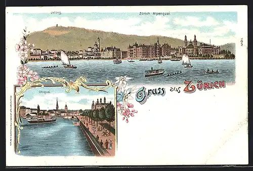 Lithographie Zürich, Panorama mit Alpenquai & Utoquai