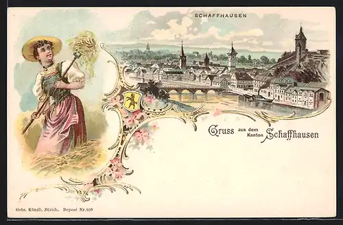 Lithographie Schaffhausen, Gesamtansicht, Bäuerin bei der Feldarbeit