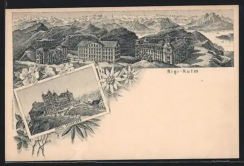 Lithographie Rigi-Kulm, Hotel Schreiber, Panorama mit Hotels und Gebirgswand