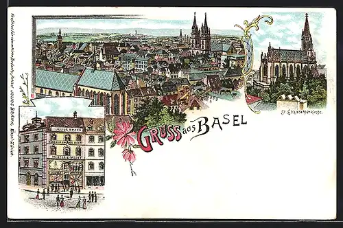 Lithographie Basel, Mercerie Modes Julius Brann, St. Elisabethkirche