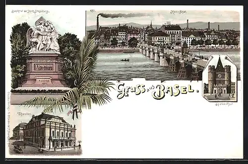 Lithographie Basel, Theater, Spalen-Tor, Denkmal der Stadt Strassburg, Blick auf Klein-Basel