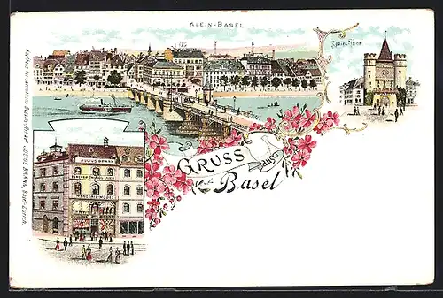 Lithographie Basel, Geschäft Julius Brann, Spalen-Tor, Dampfer passiert Klein-Basel