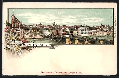 Lithographie Basel, Teilansicht mit Rheinbrücke