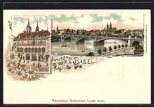 Lithographie Basel, Rathaus, Stadtpanorama, Dampfer