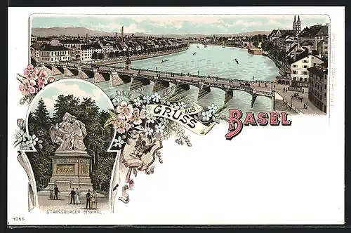 Lithographie Basel, Strassburger Denkmal, Flusspartie mit Brücke