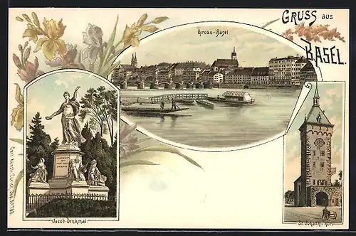 Lithographie Basel, Jacob-Denkmal, St. Johann-Tor, Ortspanorama von Gross-Basel