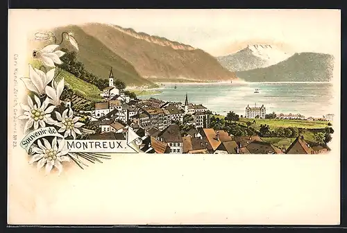 Lithographie Montreux, Totalansicht aus der Vogelschau