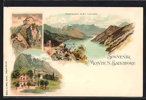 Lithographie Monte S. Salvatore, Panorama vers Lugano, Ortspartien