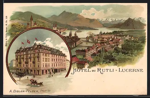 Lithographie Lucerne, Hotel du Rutli, Vue générale, Pferdekutsche