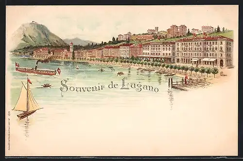 Lithographie Lugano, Teilansicht mit Dampfer