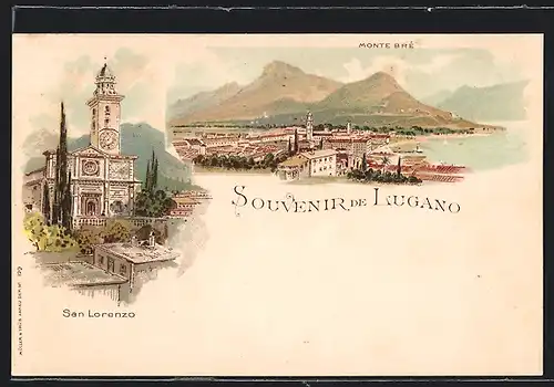 Lithographie Lugano, San Lorenzo, Ortsansicht mit Monte Bré