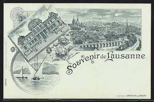 Mondschein-Lithographie Lausanne, Tribunal Fédéral, Segler, Totalansicht
