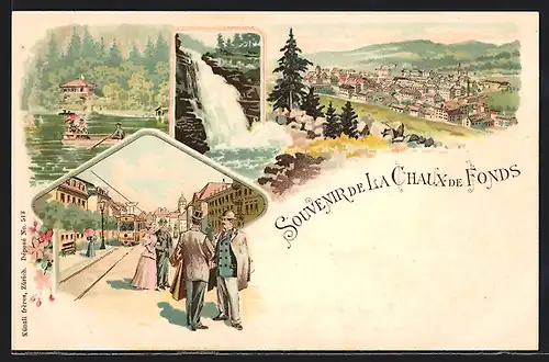 Lithographie La Chaux-de-Fonds, Strassenpartie mit Strassenbahn, Wasserfall, Uferpartie