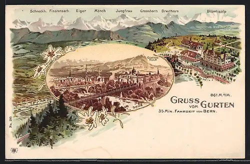 Lithographie Bern, Teilansicht mit Eisenbahnbrücke und Gurtenkulm, Hotel mit Eiger, Mönch und Jungfrau