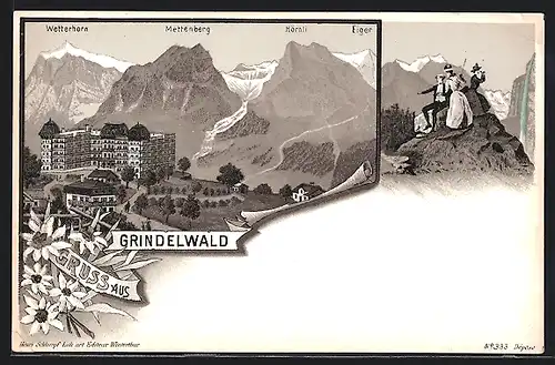 Lithographie Grindelwald, Hotel Grindelwald mit Wetterhorn, Mettenberg und Hörnli