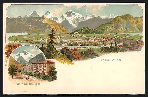 Lithographie Interlaken, Gd. Hotel des Alpes, Ortsansicht