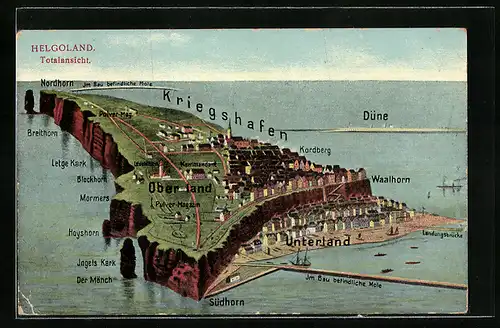 AK Helgoland, Totalansicht der Insel, Karte