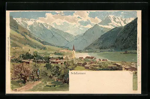 Lithographie Schliersee, Ortspartie im Gebirge