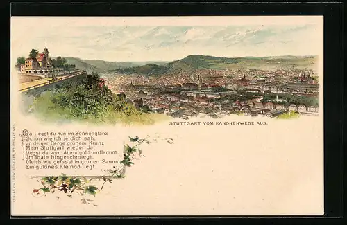 Lithographie Stuttgart, die Stadt vom Kanonenwege aus