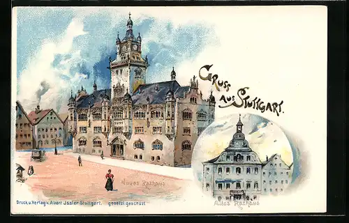 Lithographie Stuttgart, neues und altes Rathaus