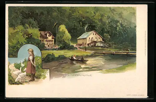 Lithographie Stempfermühle, Uferpartie mit Bücke und Boot, Gänsemädchen