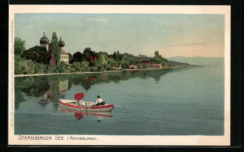 Lithographie Starnberg, Ruderpartie auf dem See