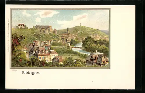 Künstler-AK Tübingen, Ortspanorama mit Burg