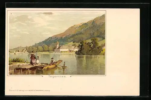 Lithographie Tegernsee, Teilansicht und Paar mit Kind am Boot