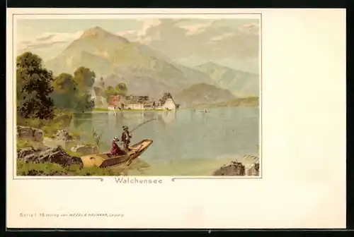 Lithographie Walchensee, Ortsansicht vom anderen Ufer