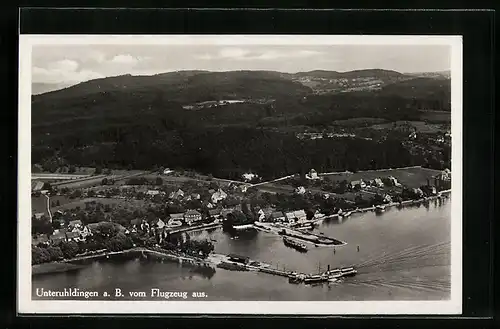 AK Unteruhldingen, Panorama vom Flugzeug aus mit Dampfer