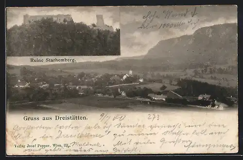 AK Dreistätten, Ortsansicht und Ruine Starhemberg