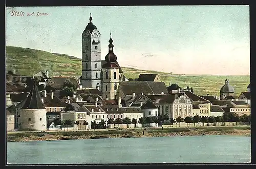 AK Stein a. d. Donau, Teilansicht mit Kirche