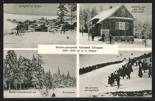 AK Carlsfeld, Skihütte des Ski-Klub Eibenstock, Rauhfrostlandschaft am Kranichsee, Leute am grossen Sprunghügel