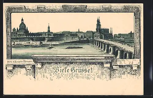 Lithographie Dresden, Ortsansicht mit Brücke