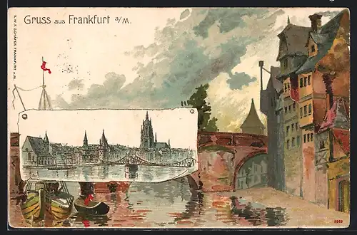 Lithographie Frankfurt a. M., Teilansicht, Ortspartie