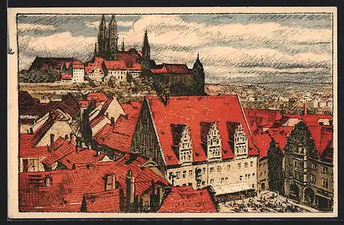 Steindruck-AK Meissen, Blick über die Dächer der Stadt