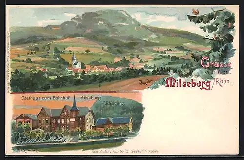 Künstler-AK Milseburg /Rhön, Gesamtansicht, Gasthaus zum Bahnhof Milseburg