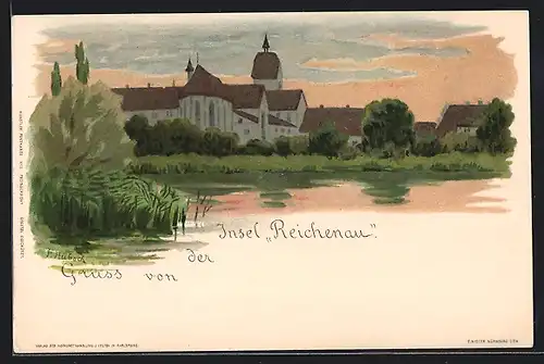 Künstler-AK Reichenau, der Ort vom Bodensee aus
