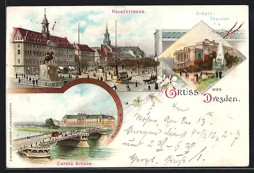 Lithographie Dresden, Hauptstrasse, Albert-Theater, Carola Brücke