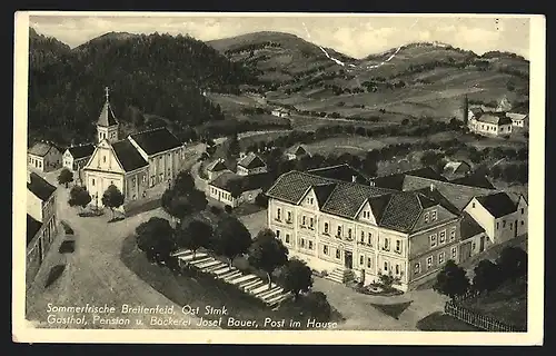 Künstler-AK Breitenfeld, Gasthof-Pension Josef Bauer aus der Vogelschau