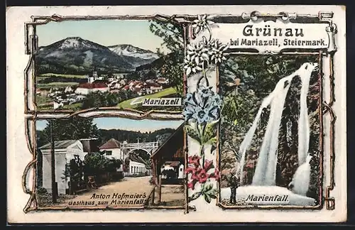 AK Mariazell, Grünau, Gasthaus zum Marienfall, Marienfall und Panorama