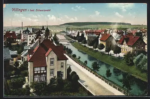 AK Villingen, Ortspartie mit Fluss und Brücke